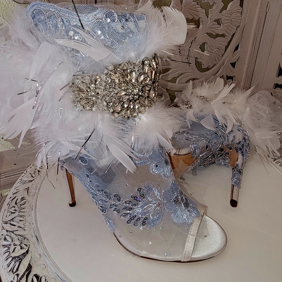 Romantic "KARA" Something Blue Feather Crystal Ankle Boots - Picture 8 of 9